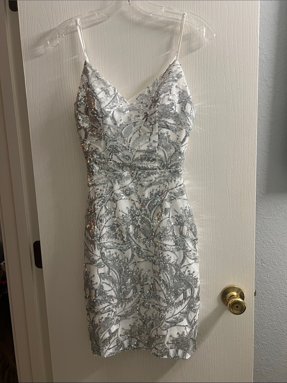 Silver Sequin White Mini Dress with Spaghetti Straps